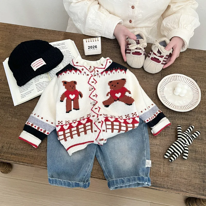 【BABY】ハートくまジャガード編みニットカーディガン