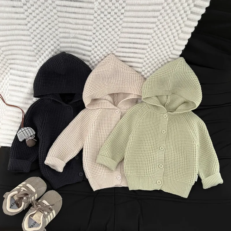 【BABY】ワッフル編みフード付きニットカーディガン