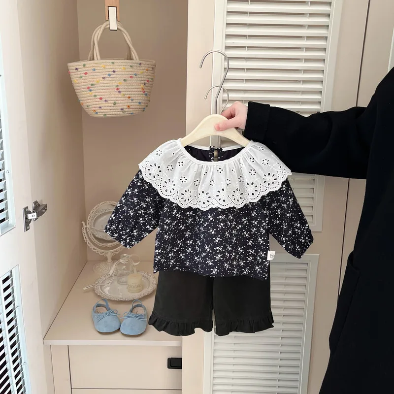 【BABY】レトロ小花柄レースカラー長袖ブラウス
