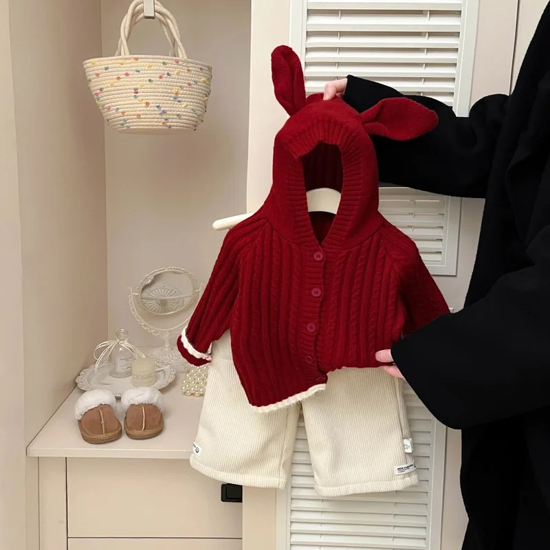 【BABY】うさ耳フード付きケーブル編みニットカーディガン