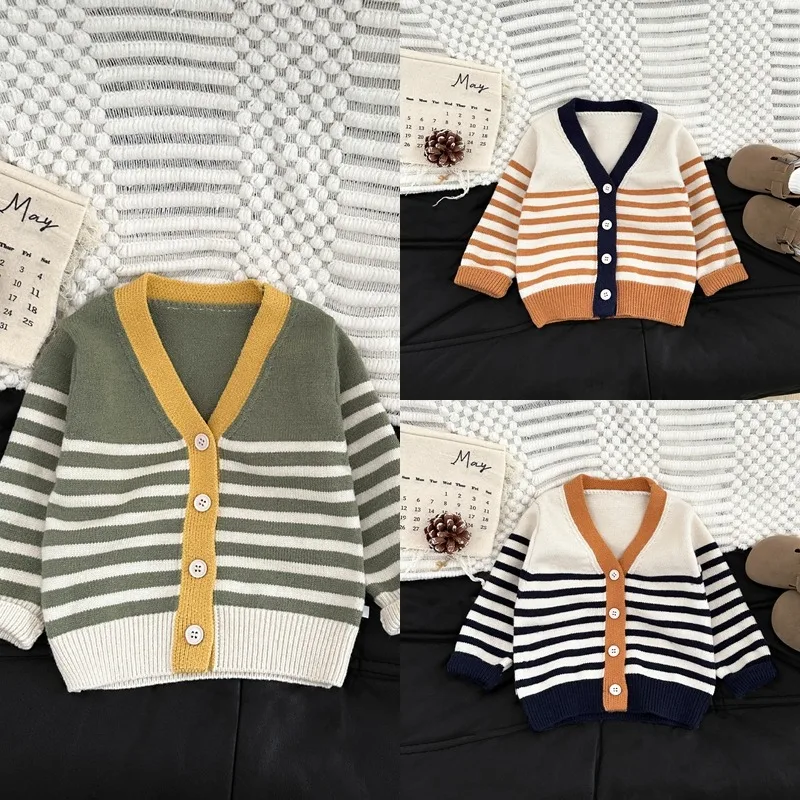【BABY】配色ストライプVネックニットカーディガン