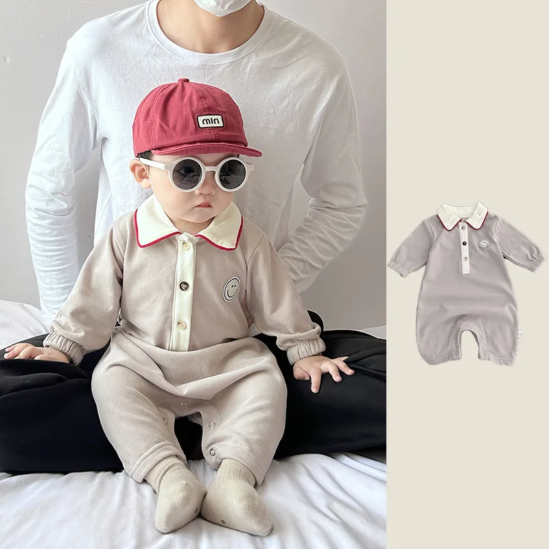 【BABY】スマイルワンポイント襟付き長袖ロンパース