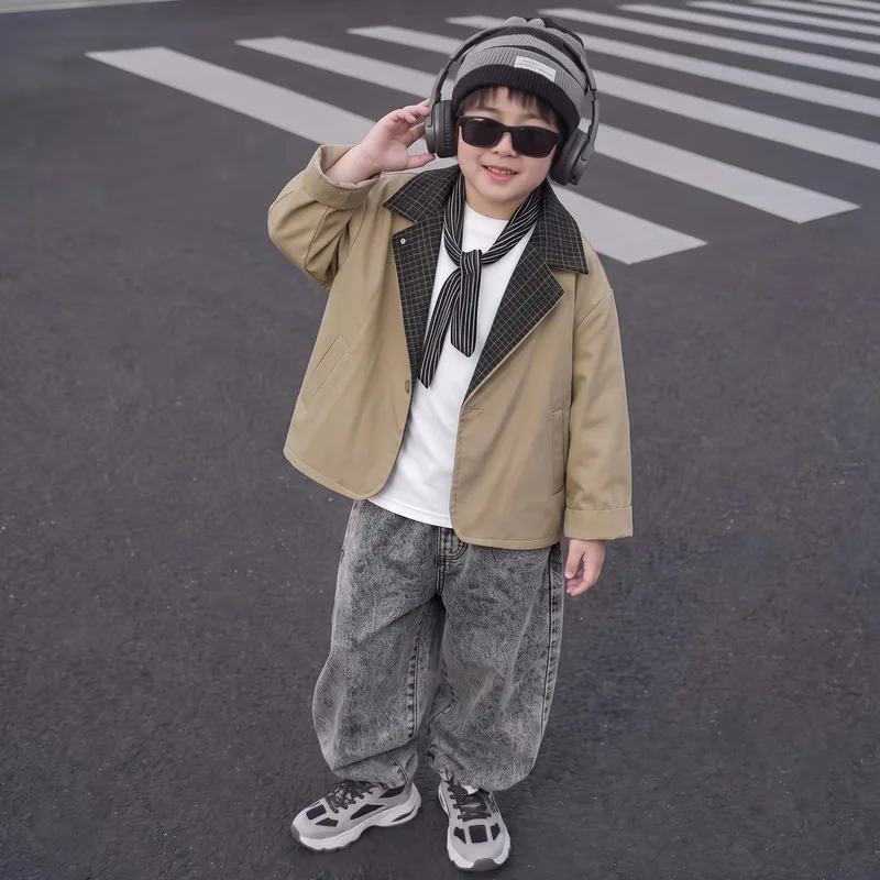【KID】ベージュチェック襟切り替えジャケット