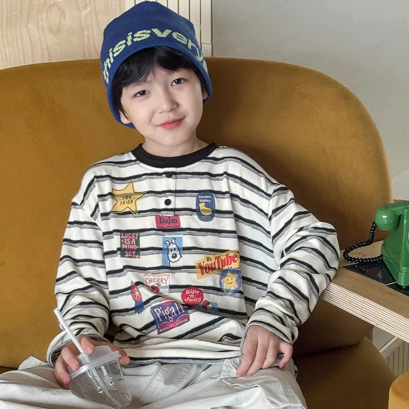 【KID】パッチプリントストライプ長袖Tシャツ