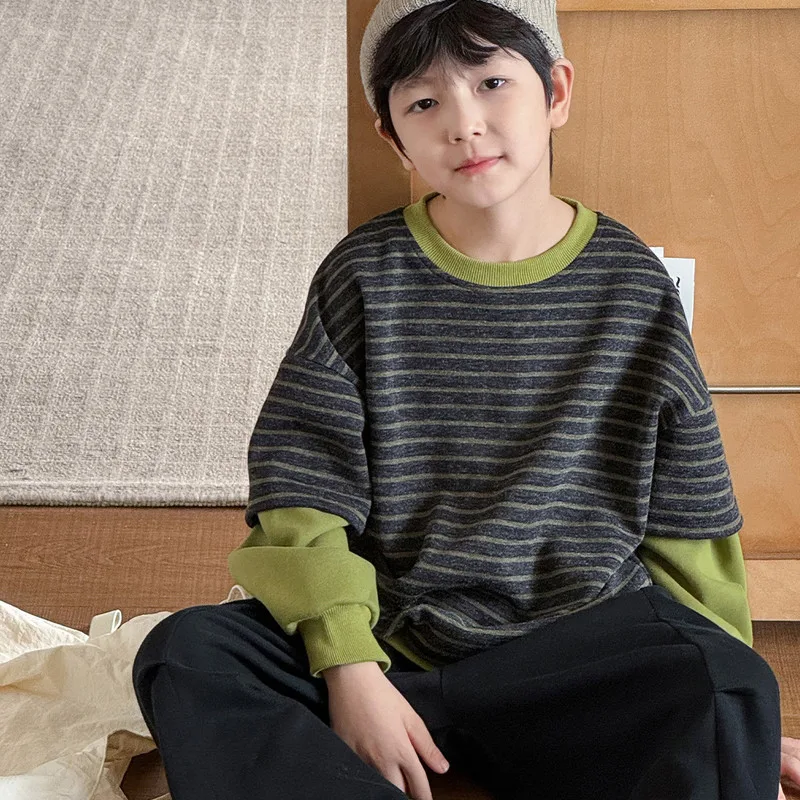 【KID】ストライプレイヤード風長袖トレーナープルオーバー