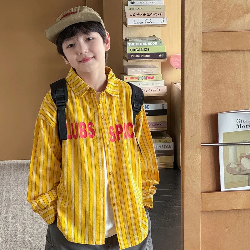 【KID】イエローストライプ英字ロゴ長袖シャツ