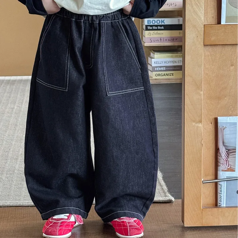 【KID】ステッチデザインワイドデニムロングパンツ
