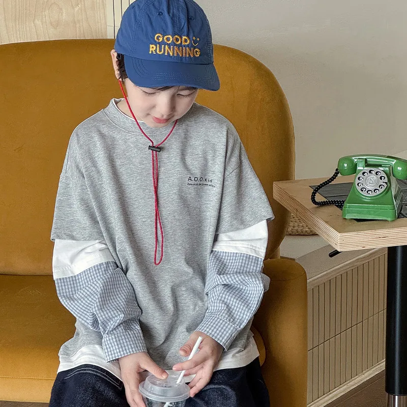 【KID】英字プリントフェイクレイヤード長袖Tシャツ