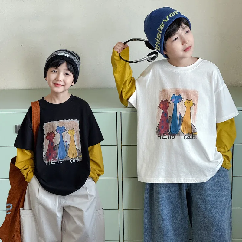 ねこプリントフェイクレイヤード長袖Tシャツ
