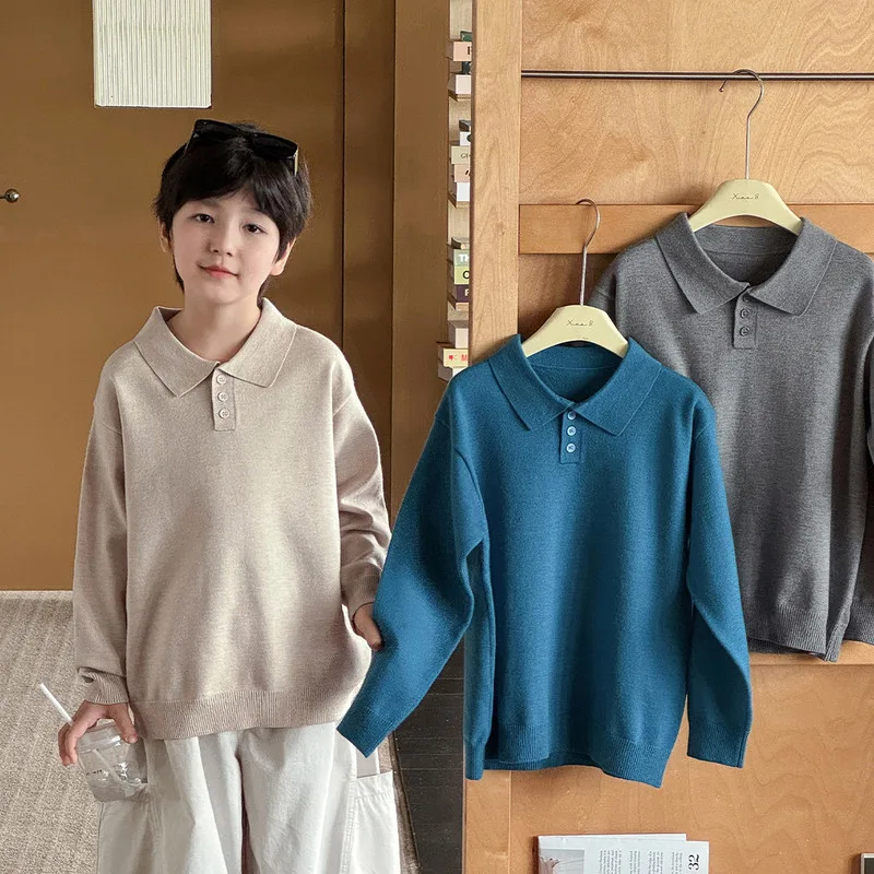 【KID】マリブポロカラー無地長袖ニットTシャツ