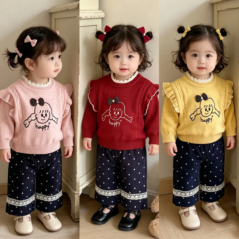 【セット】フリルケーブルニットドットパンツセットアップ