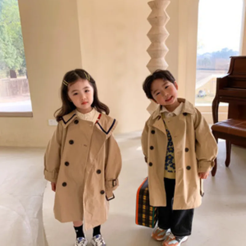 【KID】ダブルボタン無地ミドル丈トレンチコート