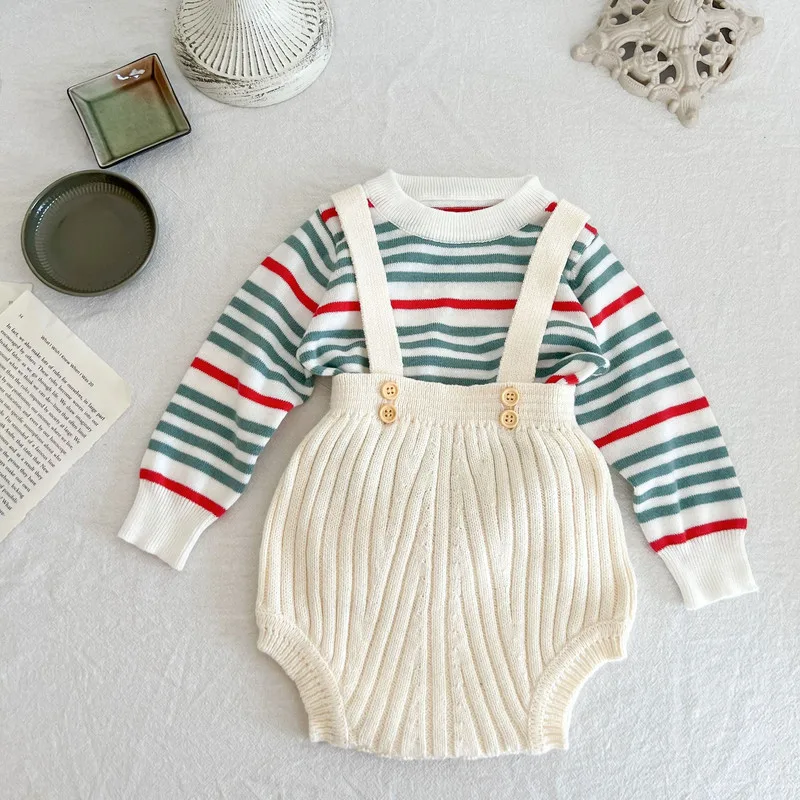 【BABY】リブニットサスペンダーサロペットロンパース