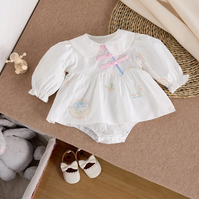 【BABY】チャイナボタン刺繍長袖ワンピース風ロンパース