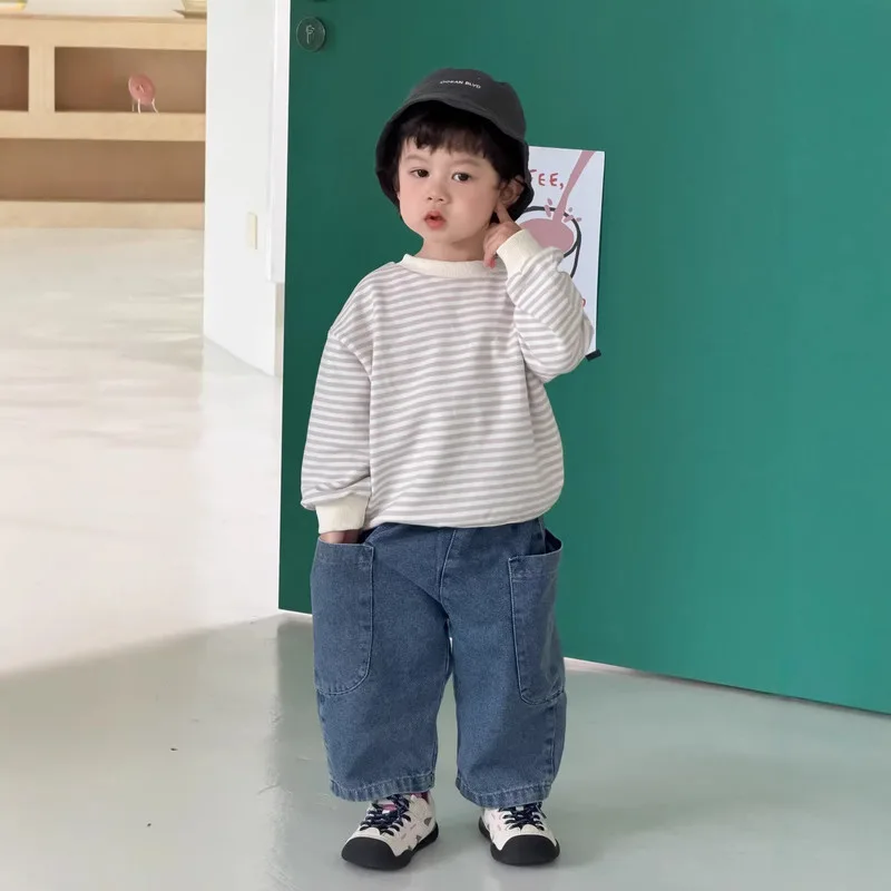 【BABY】グレーストライプ長袖クルーネックTシャツ