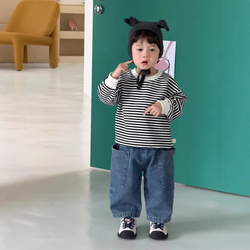 【BABY】ブラックストライプクルーネック長袖Tシャツ