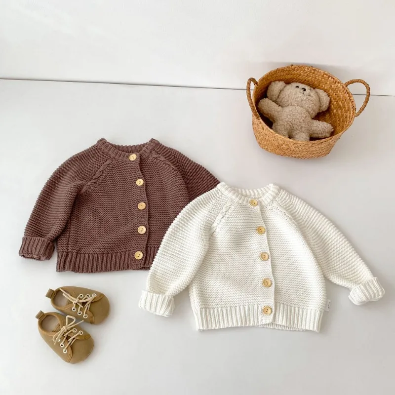【BABY】シンプル無地ラウンドネックニットカーディガン