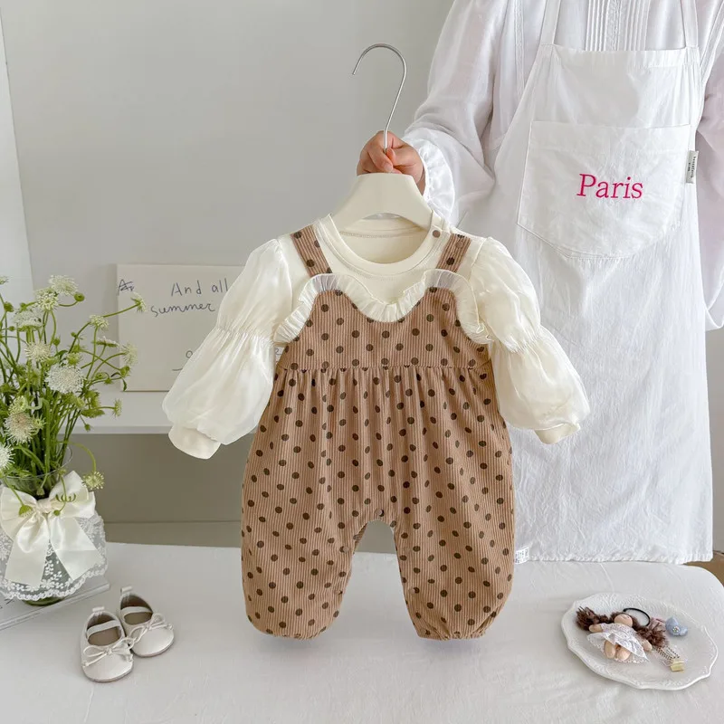 【BABY】ブラウンドット柄フリル重ね着風長袖ロンパース