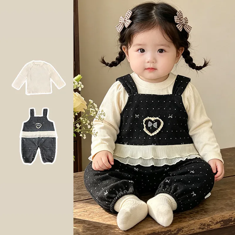 リボンフリル長袖Tシャツサロペットセット