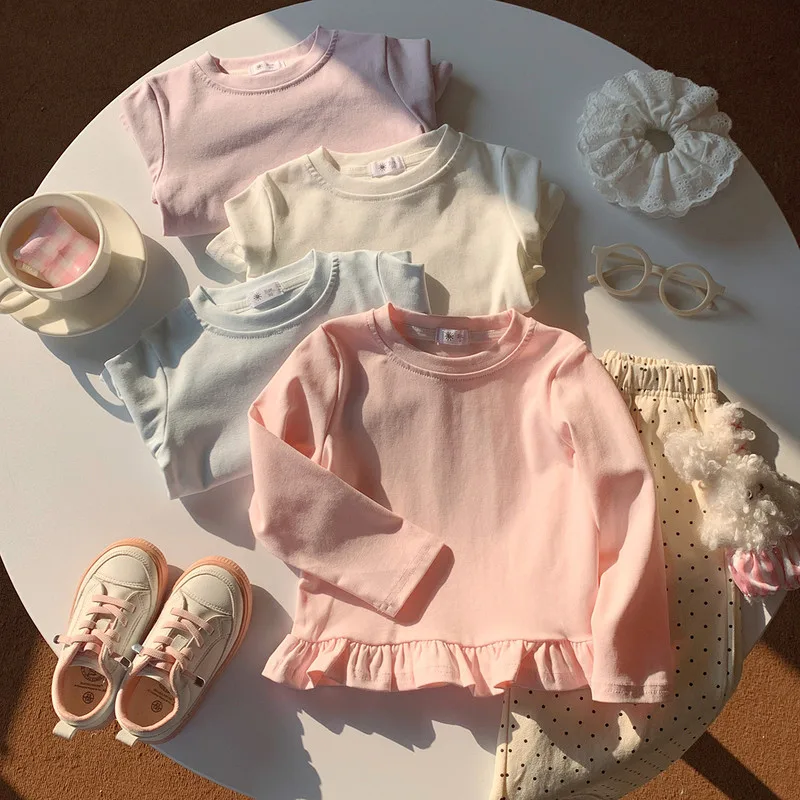 【KID】フレアフリル裾ラウンドネック長袖Tシャツ