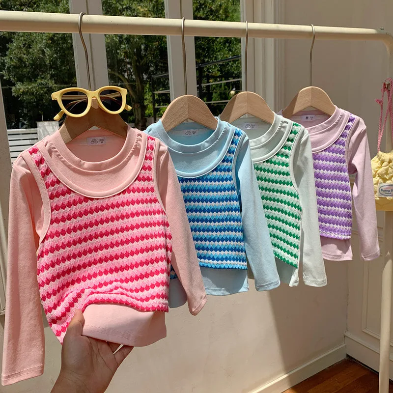 【KID】プレッピーニットベスト重ね着風長袖Tシャツ