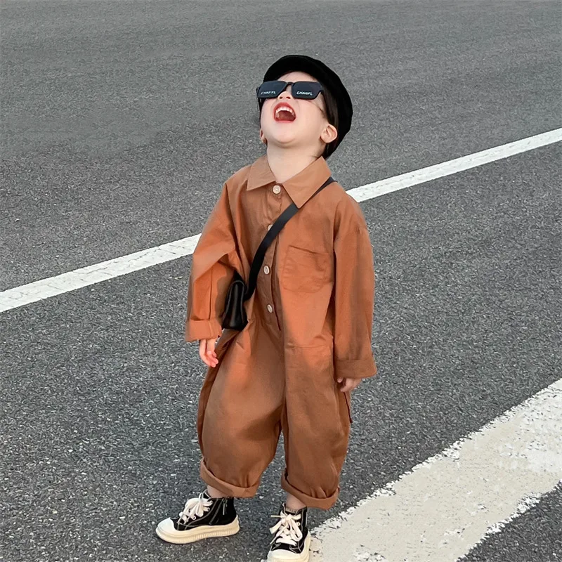 【KID】ブラウン襟付きボタン長袖オールインワン