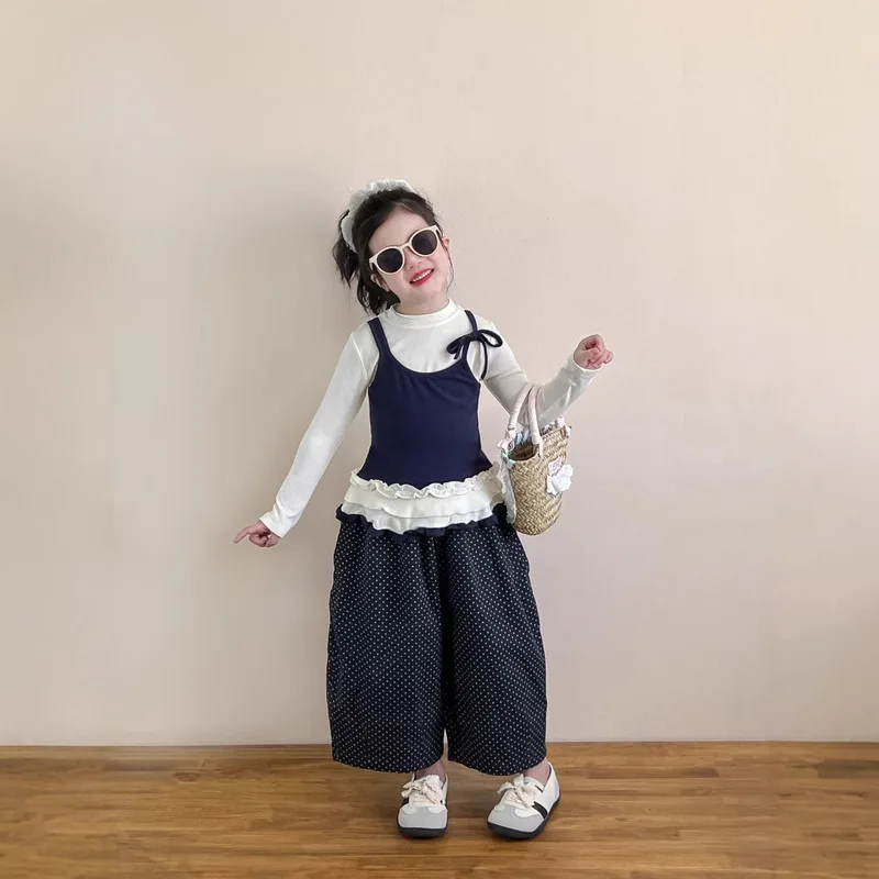 【セット】ドット柄レイヤードＴシャツフリルワイドパンツセットアップ