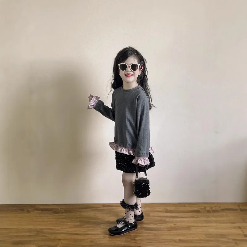 【KID】グレーフリル裾デザイン長袖Tシャツ