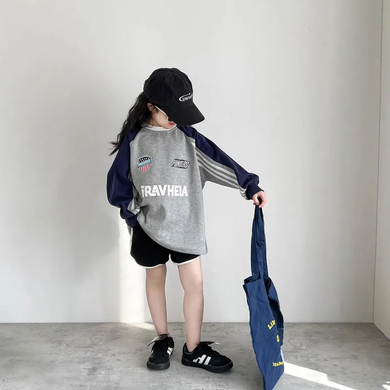 【KID】グレー配色ロゴプリント長袖Tシャツ