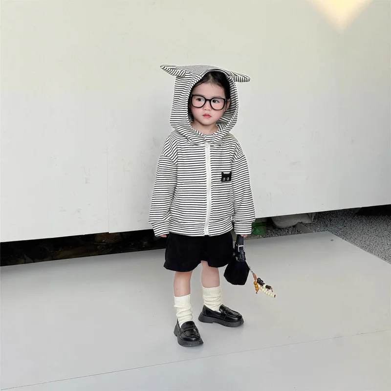 【KID】ブラックストライプ耳付きフードジップアップ