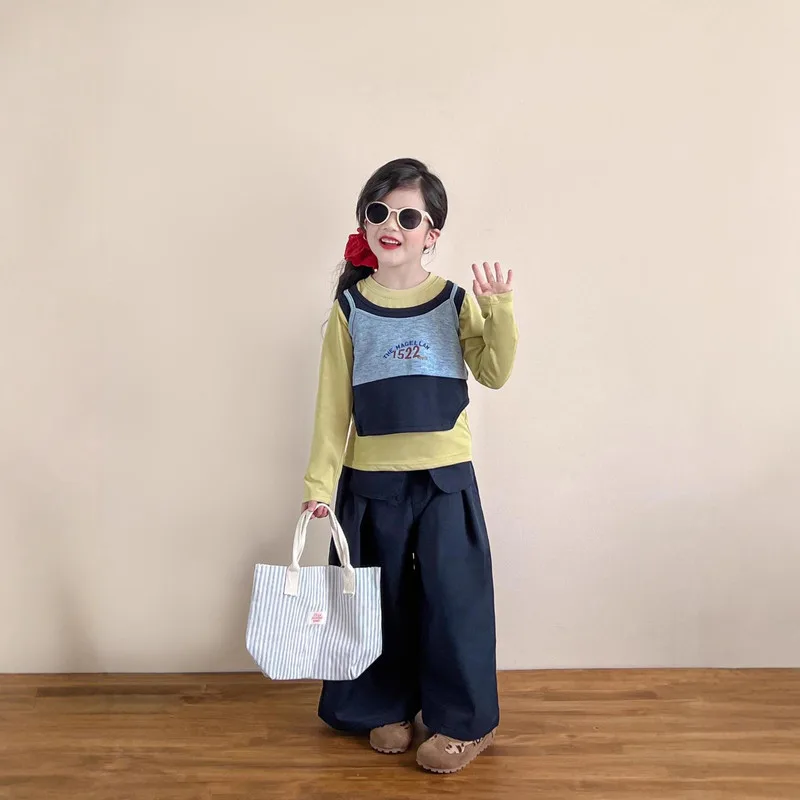 【リンクコーデ】レイヤードTシャツベストセット／ワイドパンツ