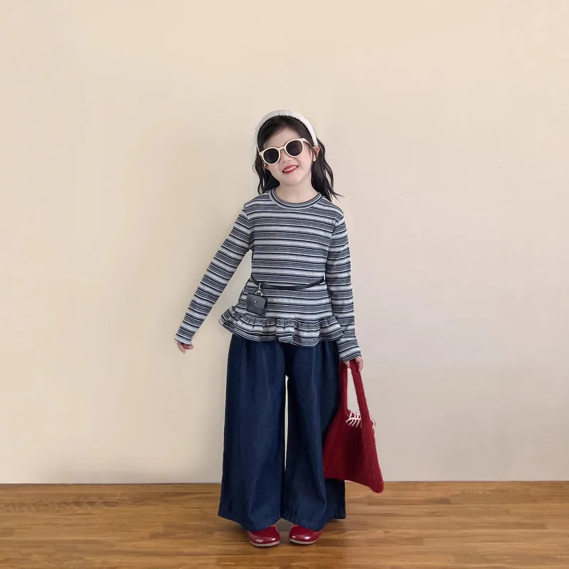 【KID】グレーストライプフリル長袖Tシャツ