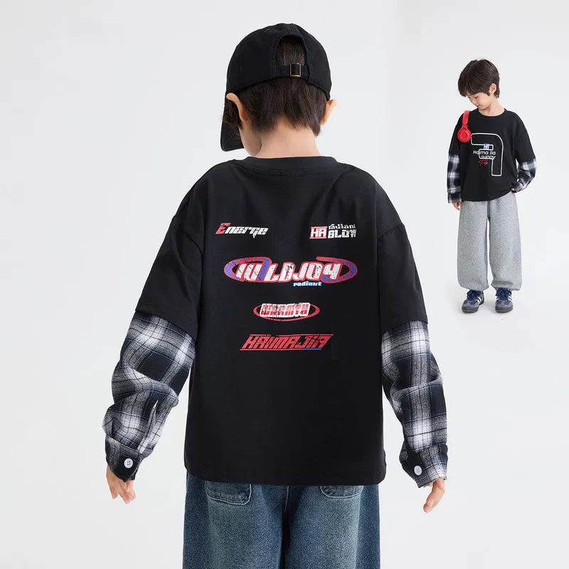 【KID】サニーライダー英字ロゴチェック袖Tシャツ