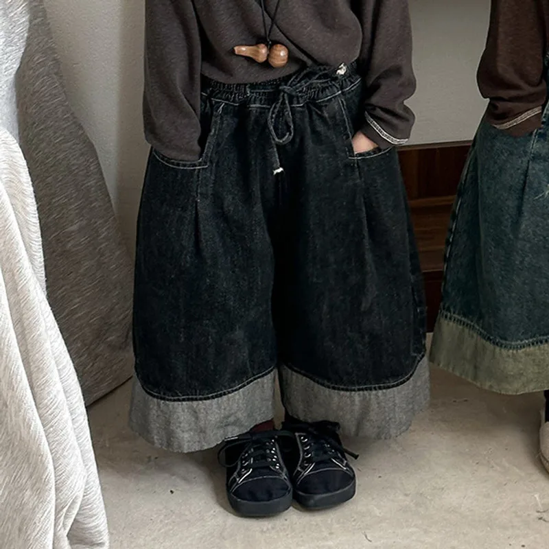 裾切替ブラックデニムワイドパンツ