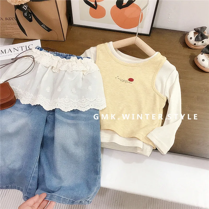 【リンクコーデ】リボンTシャツ＋ベストセット／スカート付きデニムパンツ