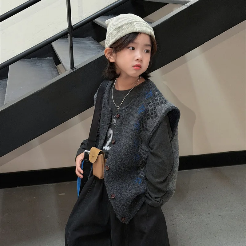 【KID】ジャカード柄前開きニットベスト
