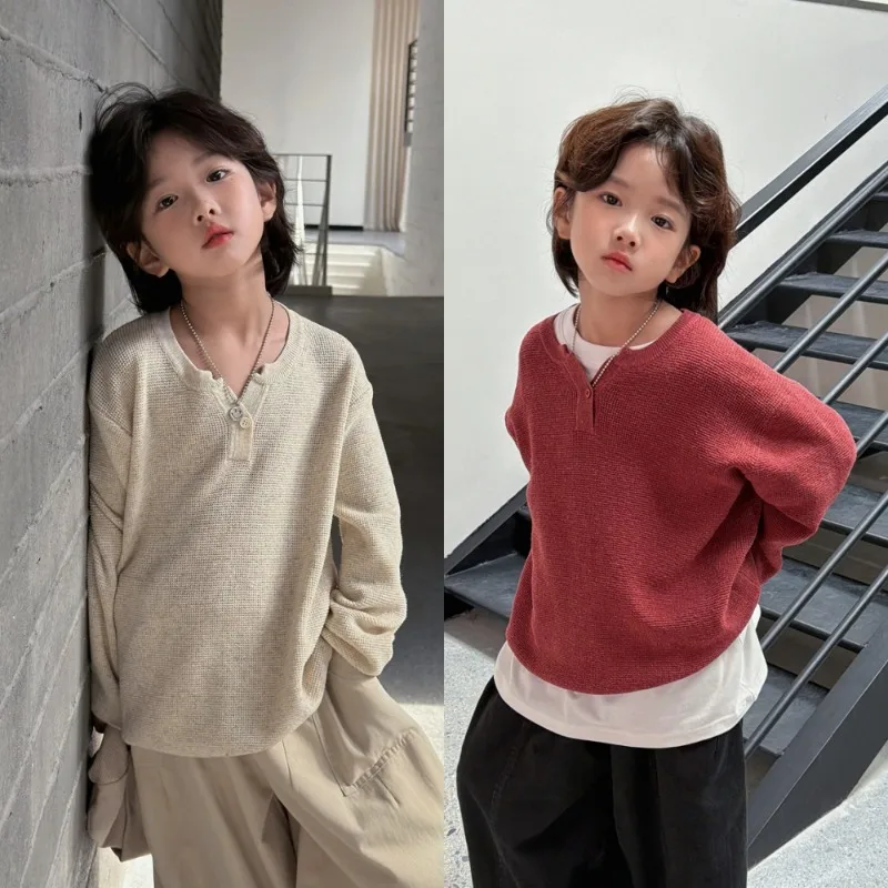 【KID】ワッフル編みVネック長袖Tシャツ