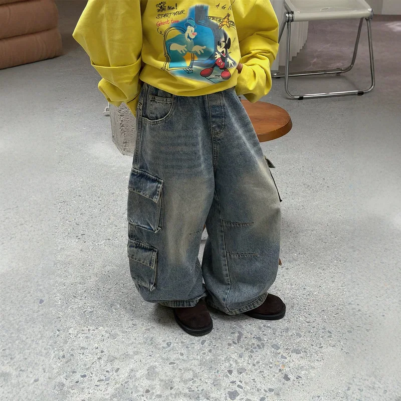 【KID】ウォッシュ加工デニムカーゴワイドパンツ