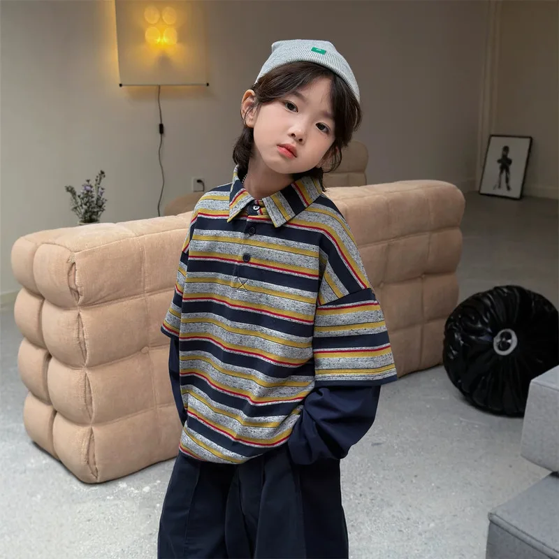 【KID】ストライプポロカラーロングTシャツ