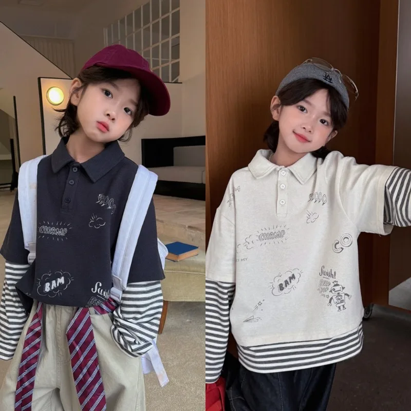 【KID】ストライプレイヤード襟付きTシャツ