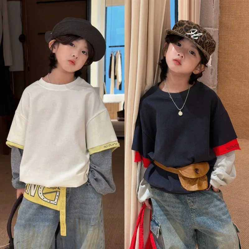 【KID】配色袖口レイヤード長袖Tシャツ