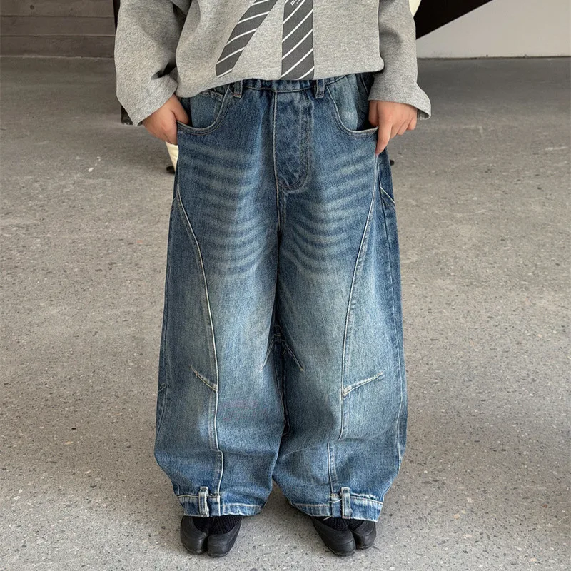 【KID】切替ウォッシュ加工ワイドデニムパンツ