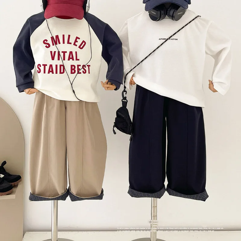 【KID】チェック裾切替デザインワイドパンツ