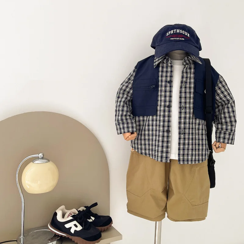 【KID】ネイビーチェック長袖ポケットシャツ