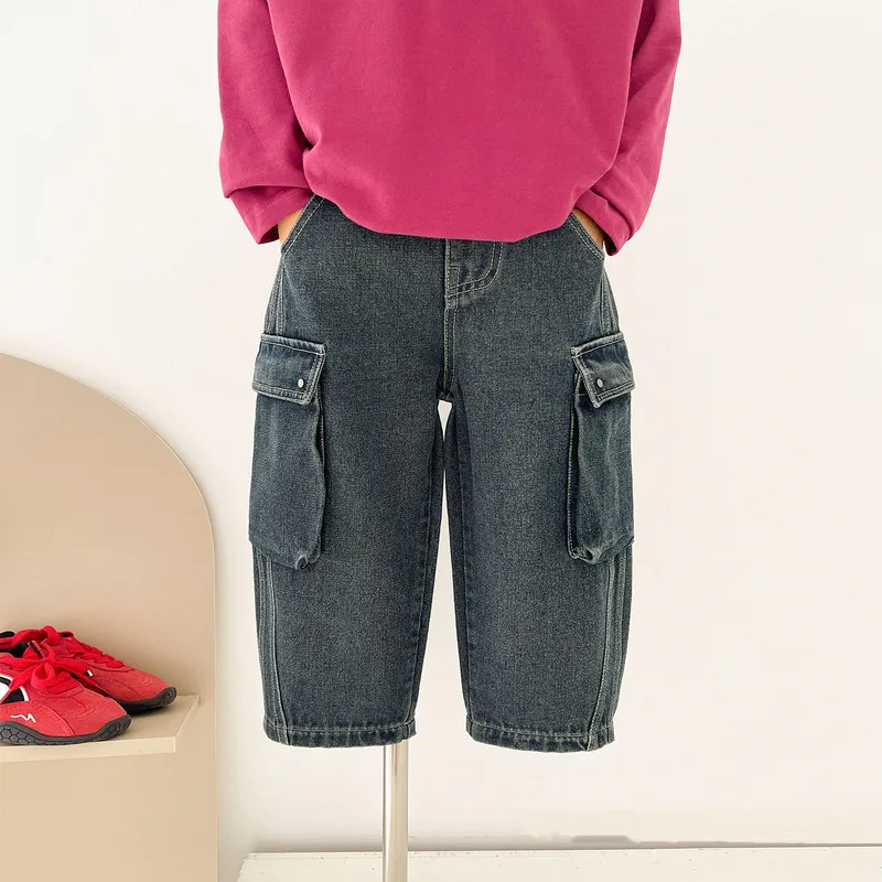 【KID】カーゴポケット付きストレートデニムパンツ