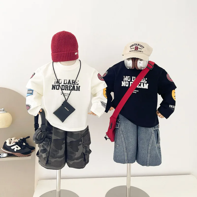 英字プリント袖デザイン長袖Tシャツ