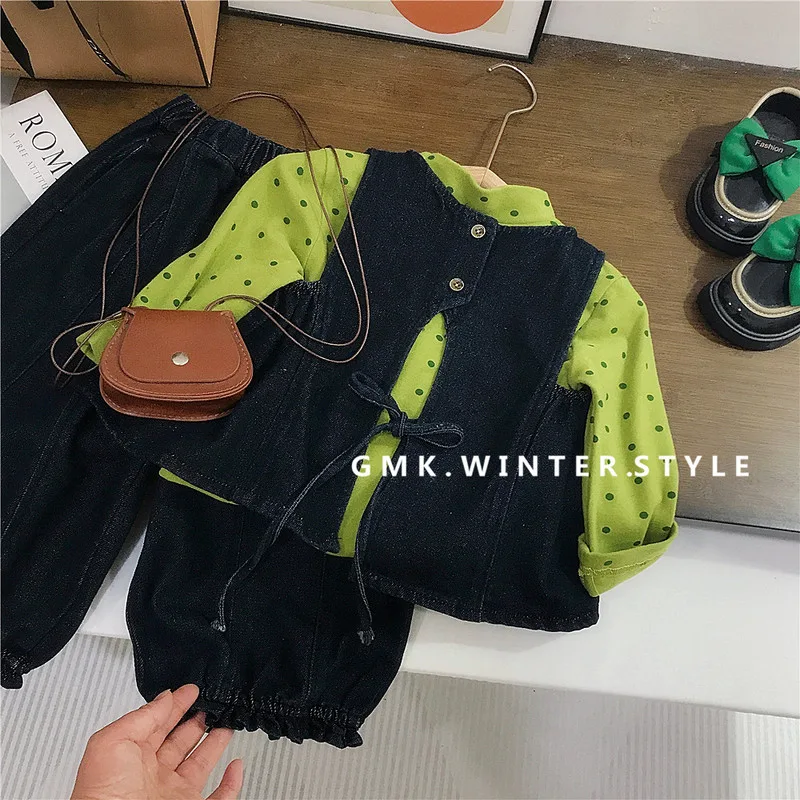 グリーンドットTシャツデニムベストパンツセット