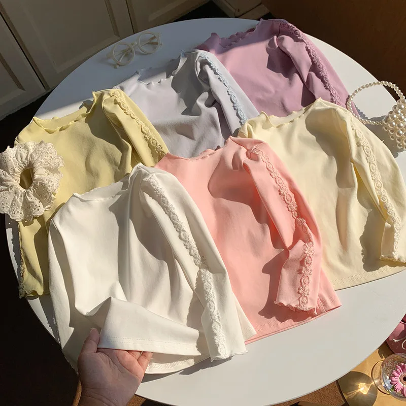 レースフリル切替デザイン長袖Tシャツ