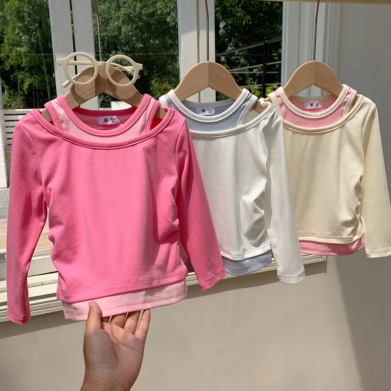 【KID】配色レイヤード風ラウンドネック長袖Tシャツ