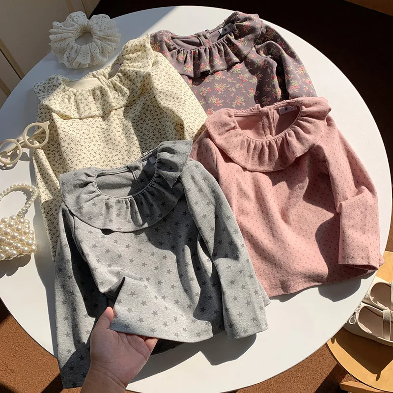 小花柄フリルカラーロングスリーブTシャツ